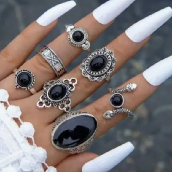 NWT, Silver Oval and Black Gothic Rings - Picture 1 of 1